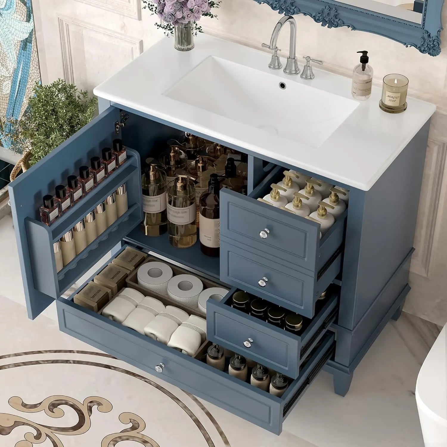 36" Free Standing Bathroom Vanity with Sink, Tip-Out Drawer &amp; 3 Drawers &amp; 2 Doors, Wood Cabinet with Ceramic Basin, Customized