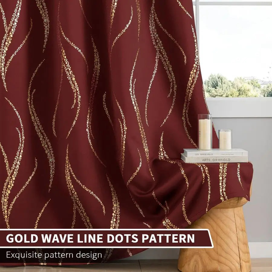 Blackout Curtains 84 inch Length Living Room Thermal Insulated Gold Wave Line Dots Pattern Curtains Room Darkening Grommet Curta