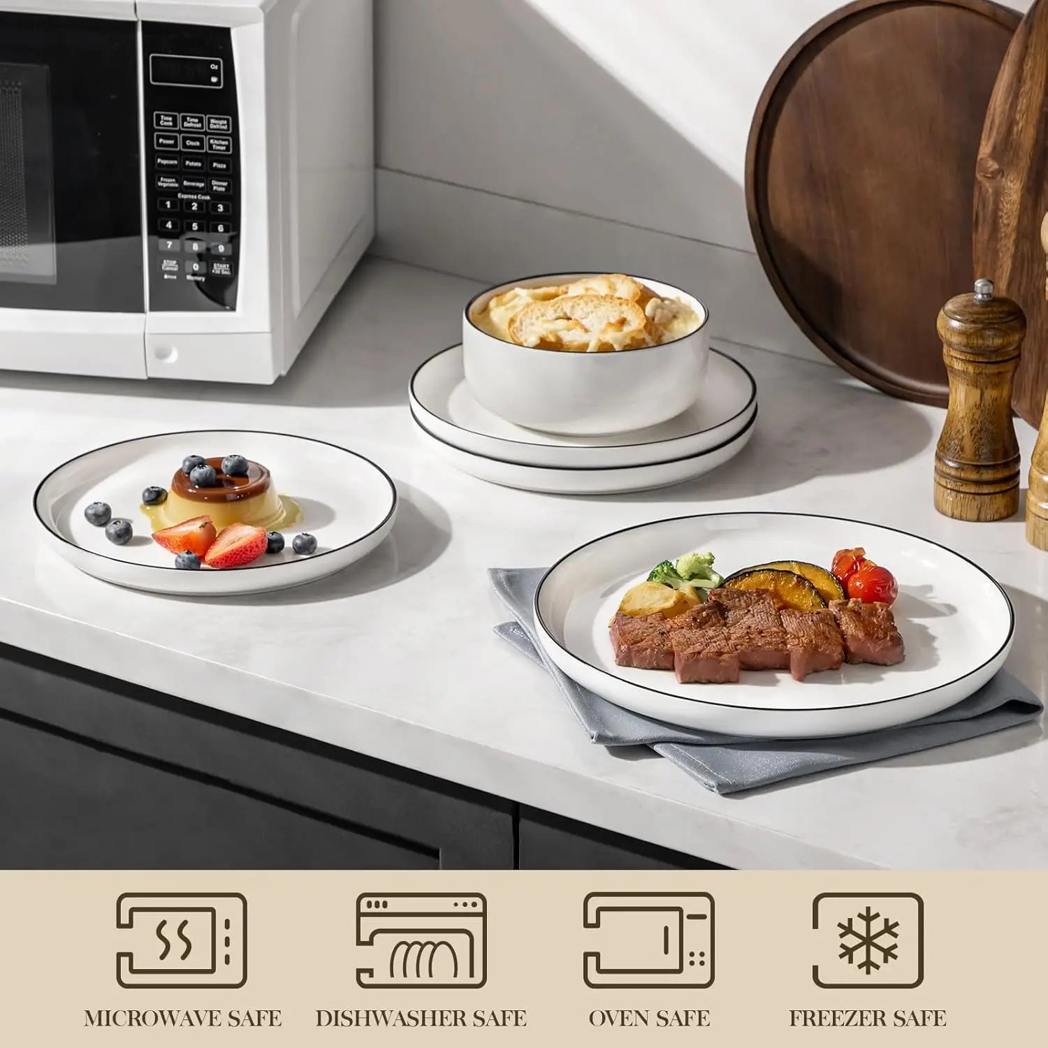 Plates and Bowls Sets, 12 Pieces Modern Porcelain Dinnerware Set for 4 White Kitchen Dinner Dining
