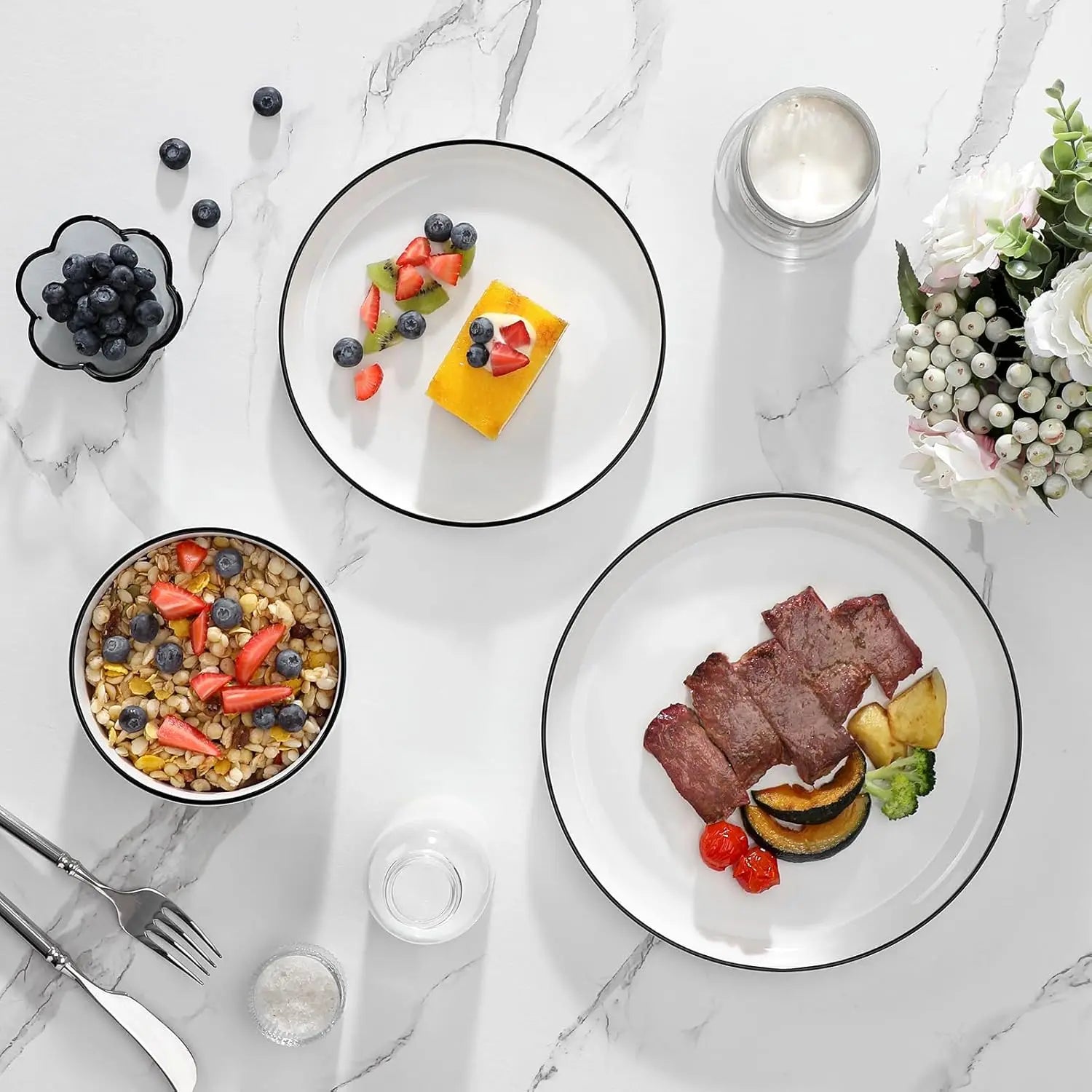 Plates and Bowls Sets, 12 Pieces Modern Porcelain Dinnerware Set for 4 White Kitchen Dinner Dining