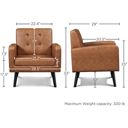 Mid Century Modern Faux Leather Tufted Armchairs With Rubberwood Legs