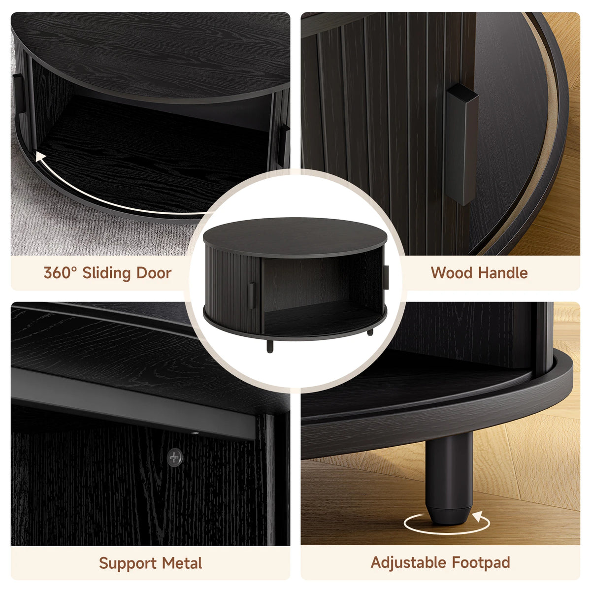 ONBRILL Modern Round Coffee Table With Storage And Sliding Door