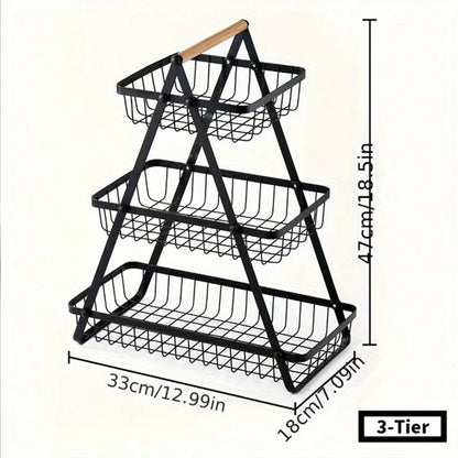 3-Tier Foldable Metal Fruit &amp; Vegetable Storage Rack with Wooden Handle - Kitchen Countertop Organizer Basket for Bread, Produce, Pantry Organization