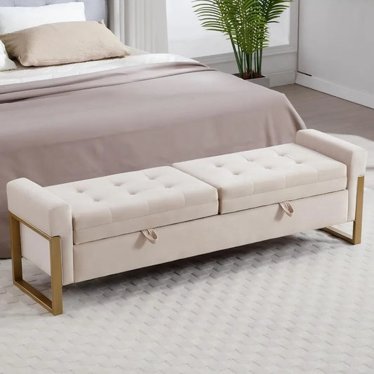 67" Storage Bench for Bedroom End of Bed, Velvet King Size Bed Bench with Double Lids and Gold Legs, Storage Ottoman Bench with
