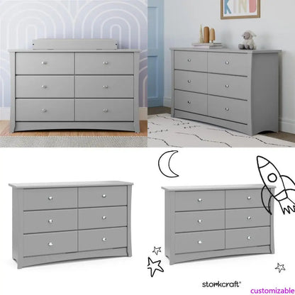 "crescent 6-drawer double dresser in pebble gray - elegant storage for bedroom"