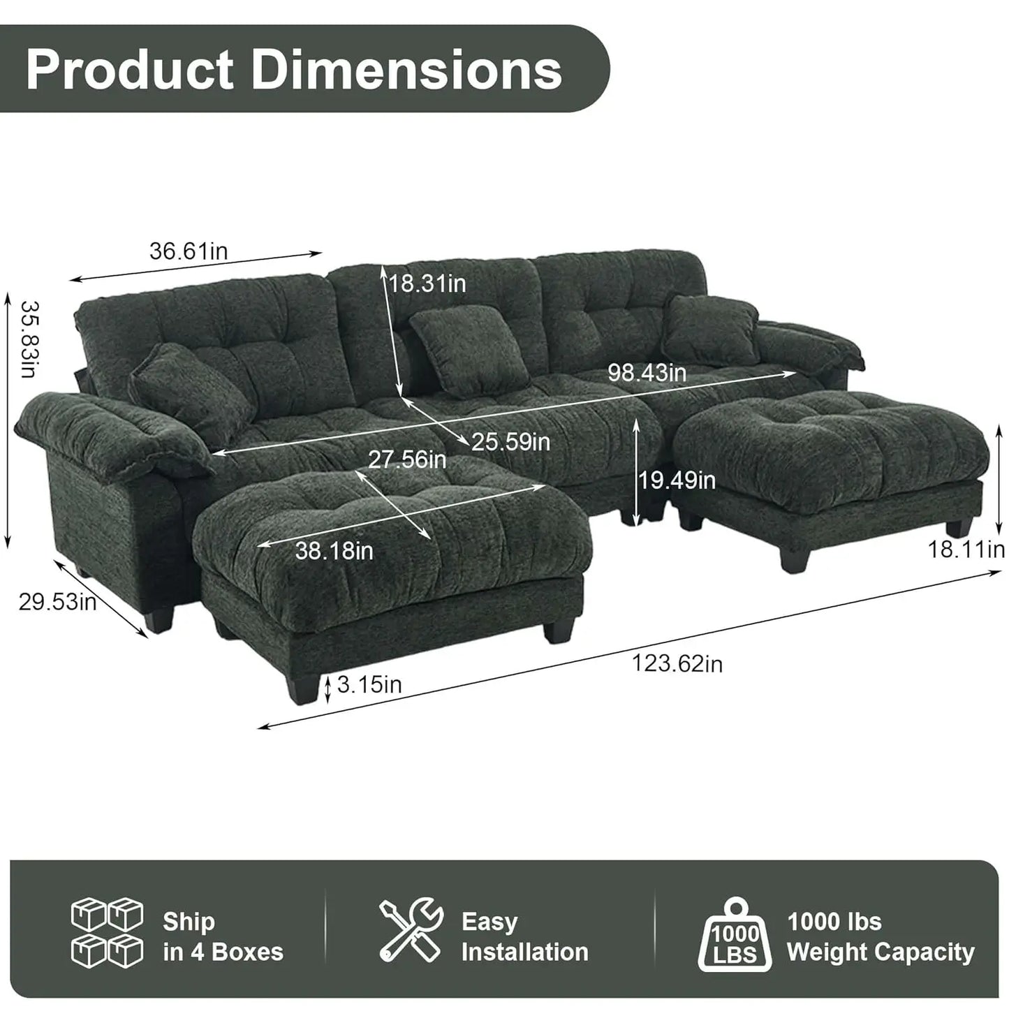 Modular U Shaped Sectional Sofa Chenille Cloud Couch