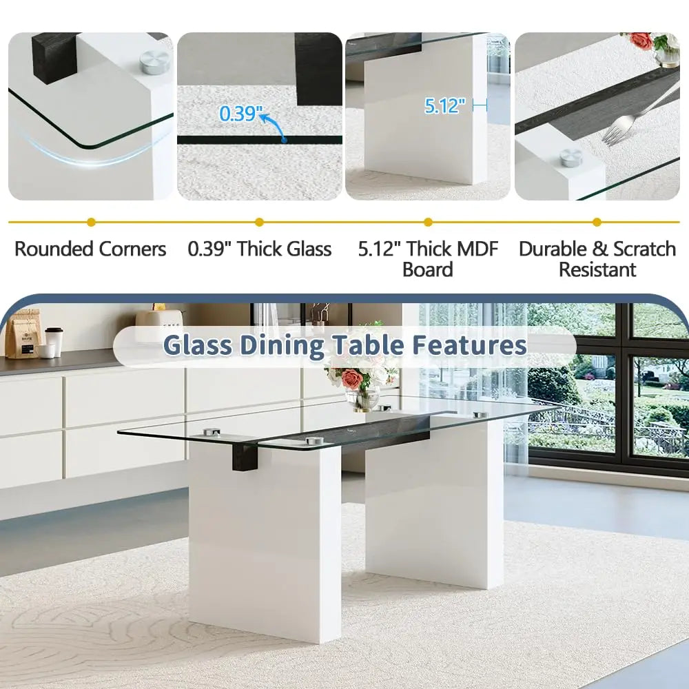 Glass Dining Table Set for 6, Modern Kitchen Table and Chairs for 6,71 in Glass Dining Table with 6 PU Leather, Customized