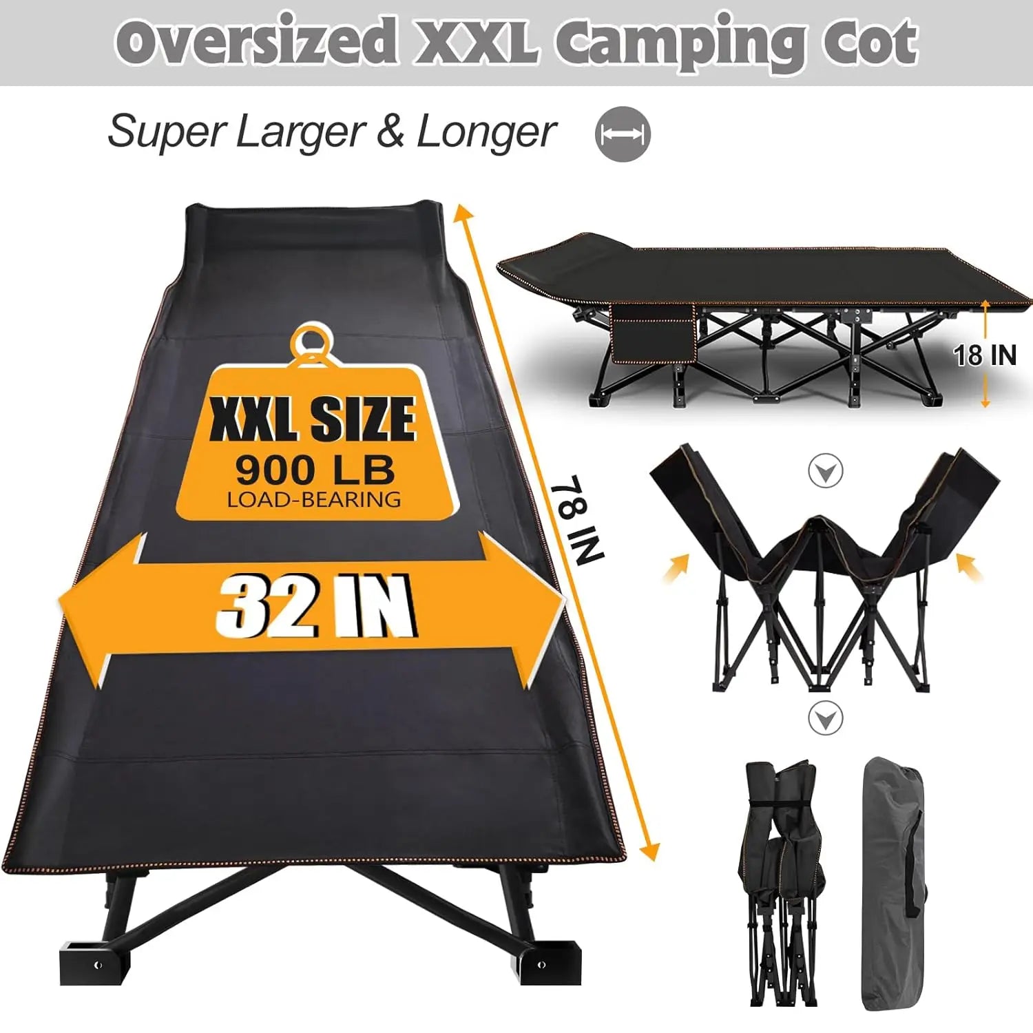 2PK XXL Camping Cot for Adults 900LBS - 78"×32" Oversized Folding Bed with Mattress Pad, Heavy Duty 1200D Oxford, Customized