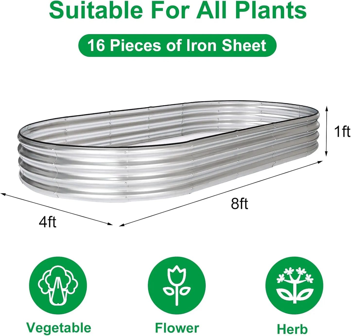 8x4x1ft Oval Raised Garden Bed Kit, Galvanized Metal Planter Box for Vegetables Fruits Flowers