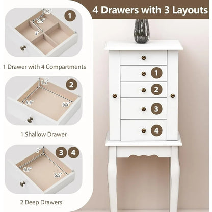 White Standing Jewelry Armoire Cabinet with 4 Drawers Flip Top Mirror Top Compartments 2 Side Doors 8 Necklace Hooks Freestandin