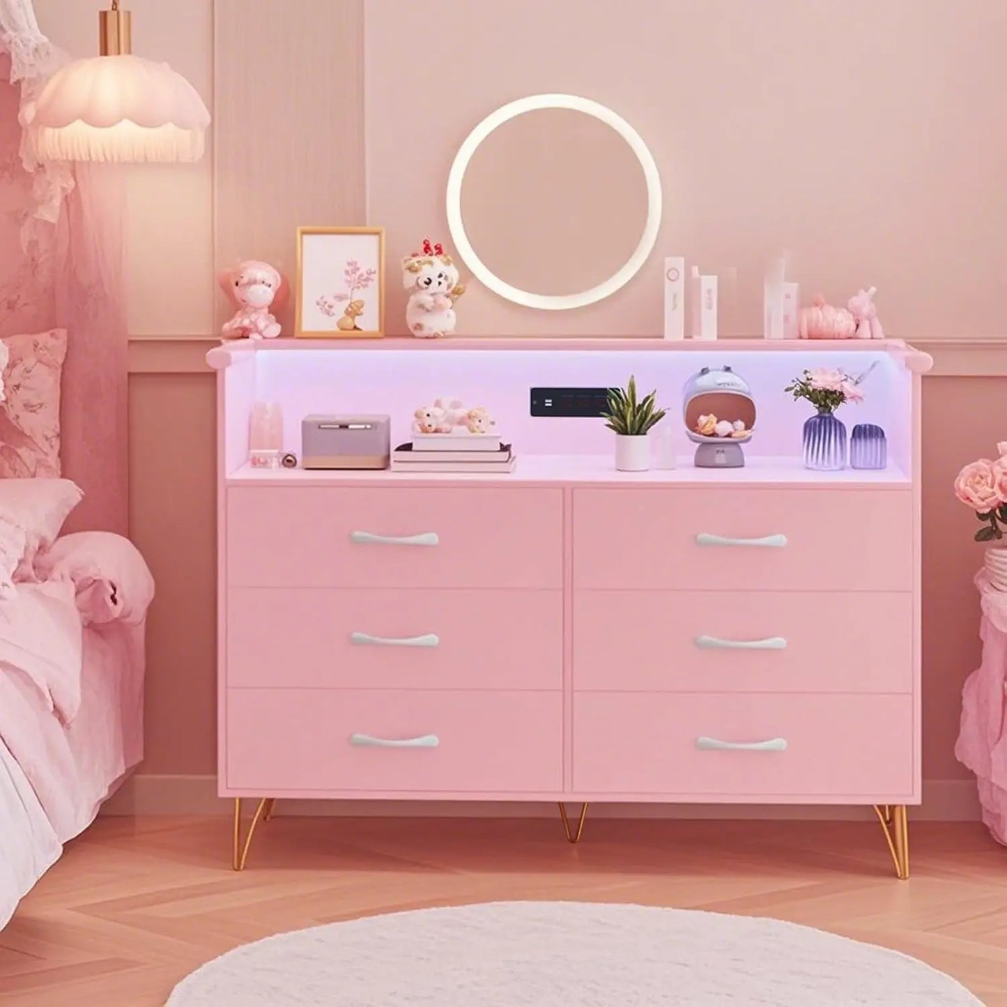 Pink Dresser with LED Light for Bedroom 6 Drawer Dressers with Charging Station Chests of Drawers Sturdy Steel Frame Wooden Top