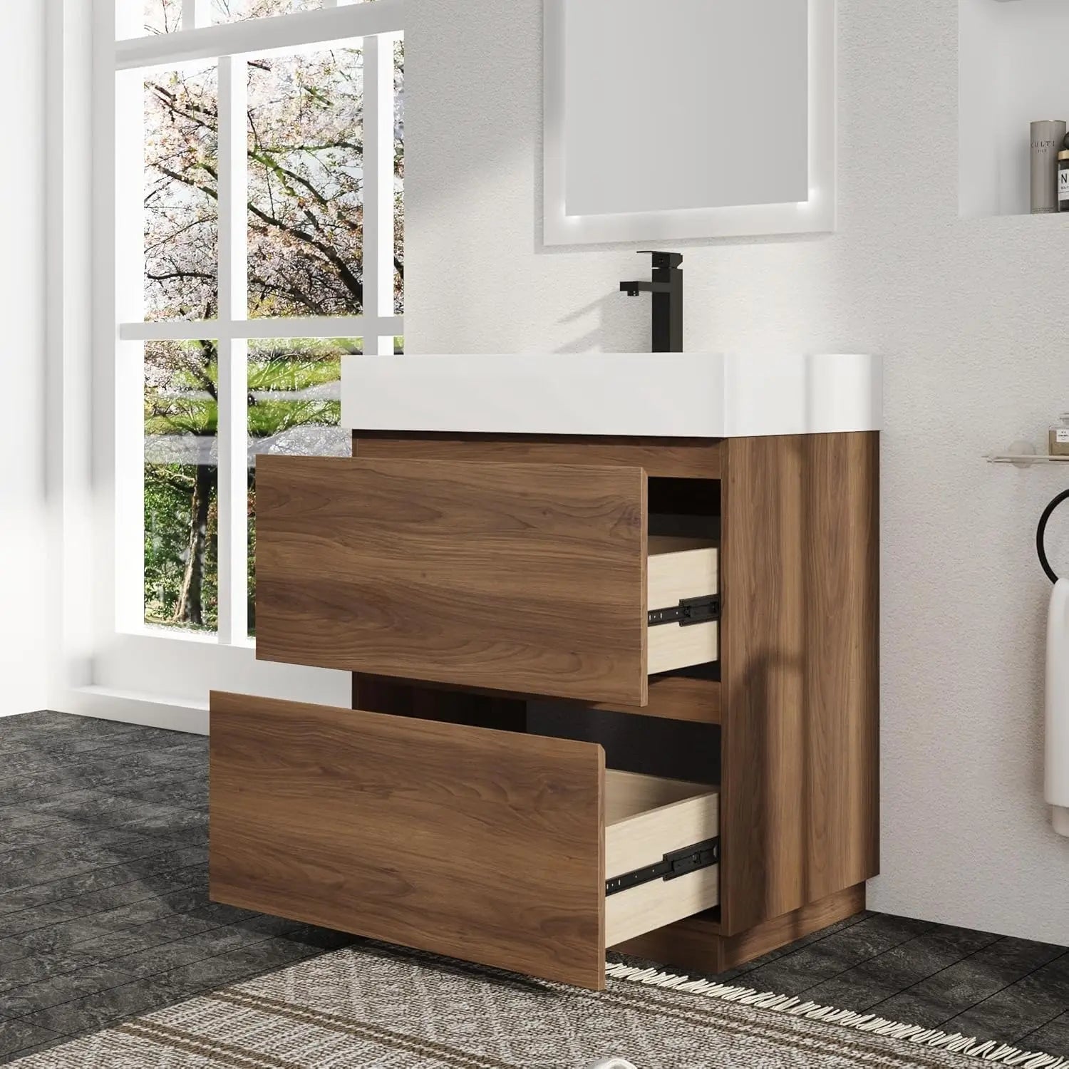 24 Inch Freestanding Bathroom Vanity with Resin Sink, Double Drawer Soft Close Storage Cabinet Basin Top Combo,, Customized