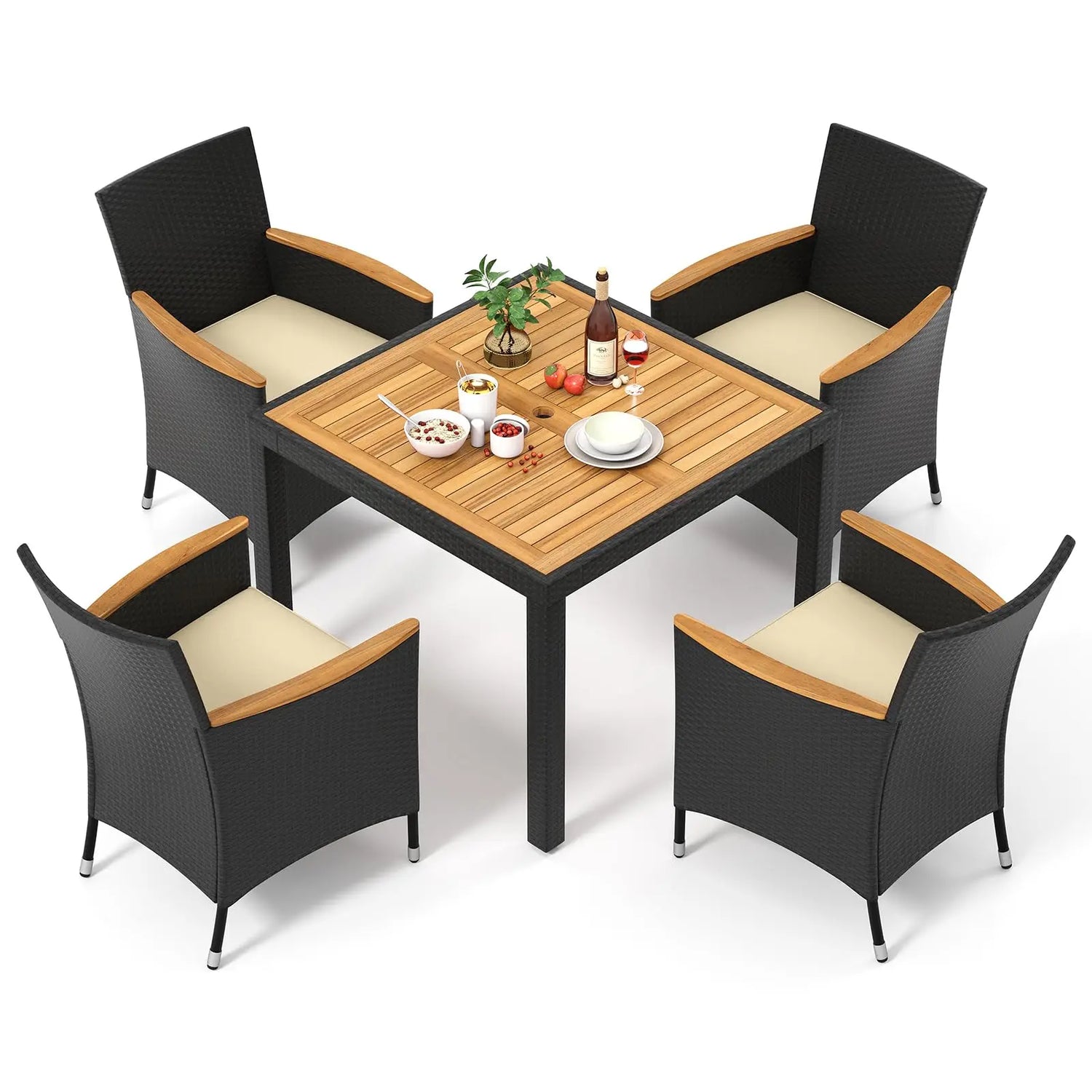 5 Pieces Rattan Outdoor Dining Set for 4,Outdoor Acacia Wood Table Set with 4Cushioned Wicker Chairs,Patio Dining Furniture Sets