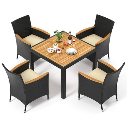 5 Pieces Rattan Outdoor Dining Set for 4,Outdoor Acacia Wood Table Set with 4Cushioned Wicker Chairs,Patio Dining Furniture Sets