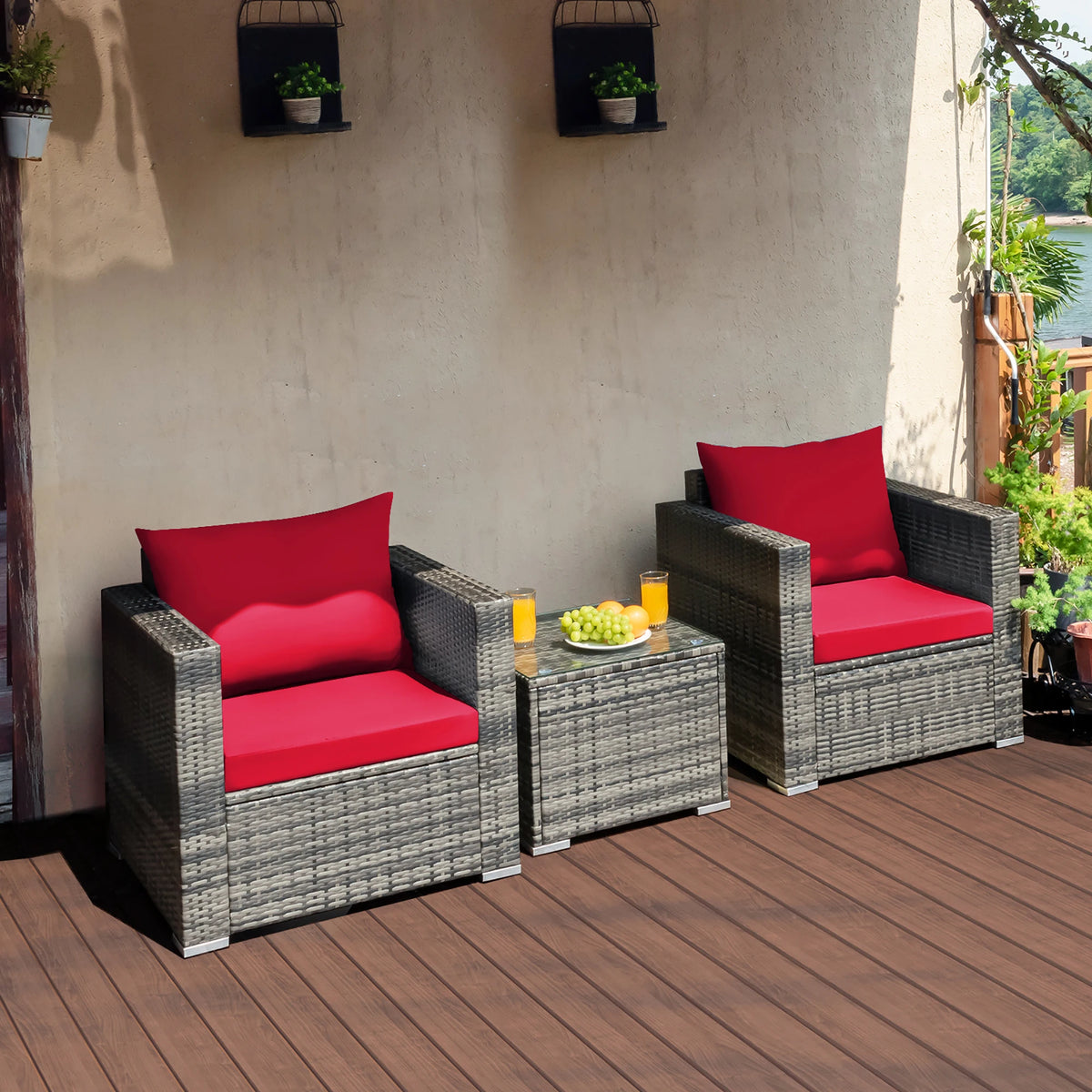 HOMASIS Patio Rattan Bistro Furniture Set With Cushioned Seating