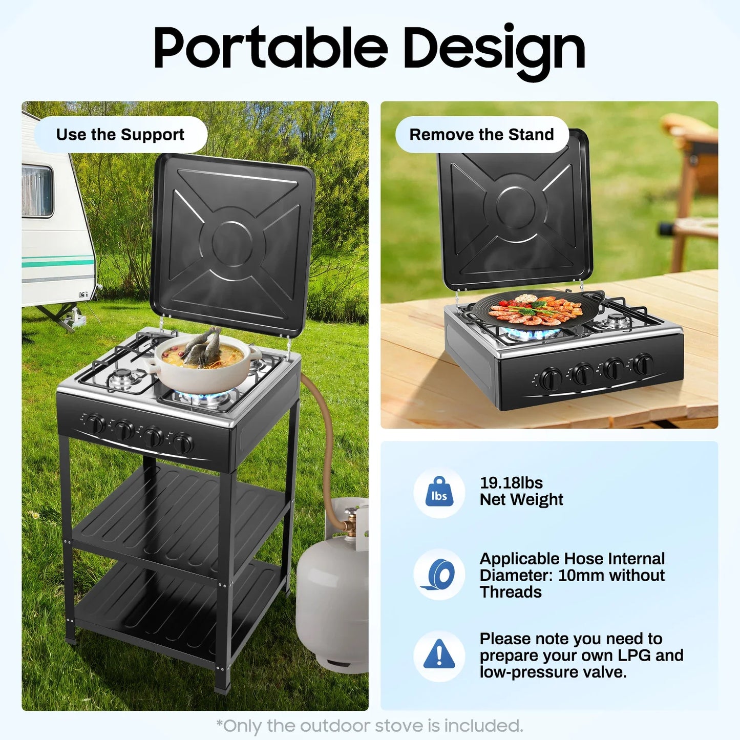 BYMAOCAR Stove Propane 4 Burner Portable Cooker BBQ Grill Windshelter Black with Detachable Storage Rack Outdoor Black/Silver