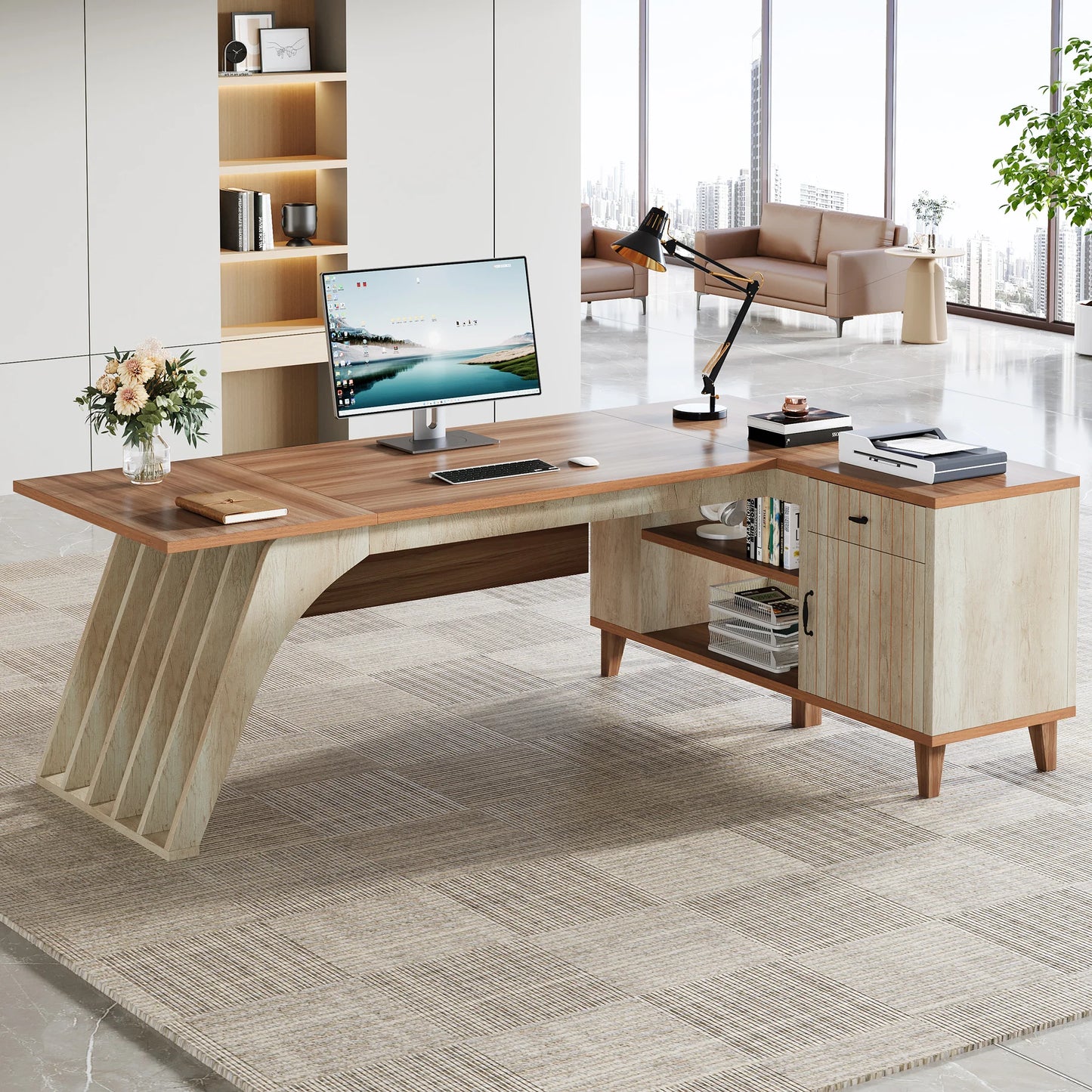 Tribesigns 78" Large L-Shaped Executive Desk, Modern Office Desk with Lateral File Cabinet and Drawer, Home Business Desk
