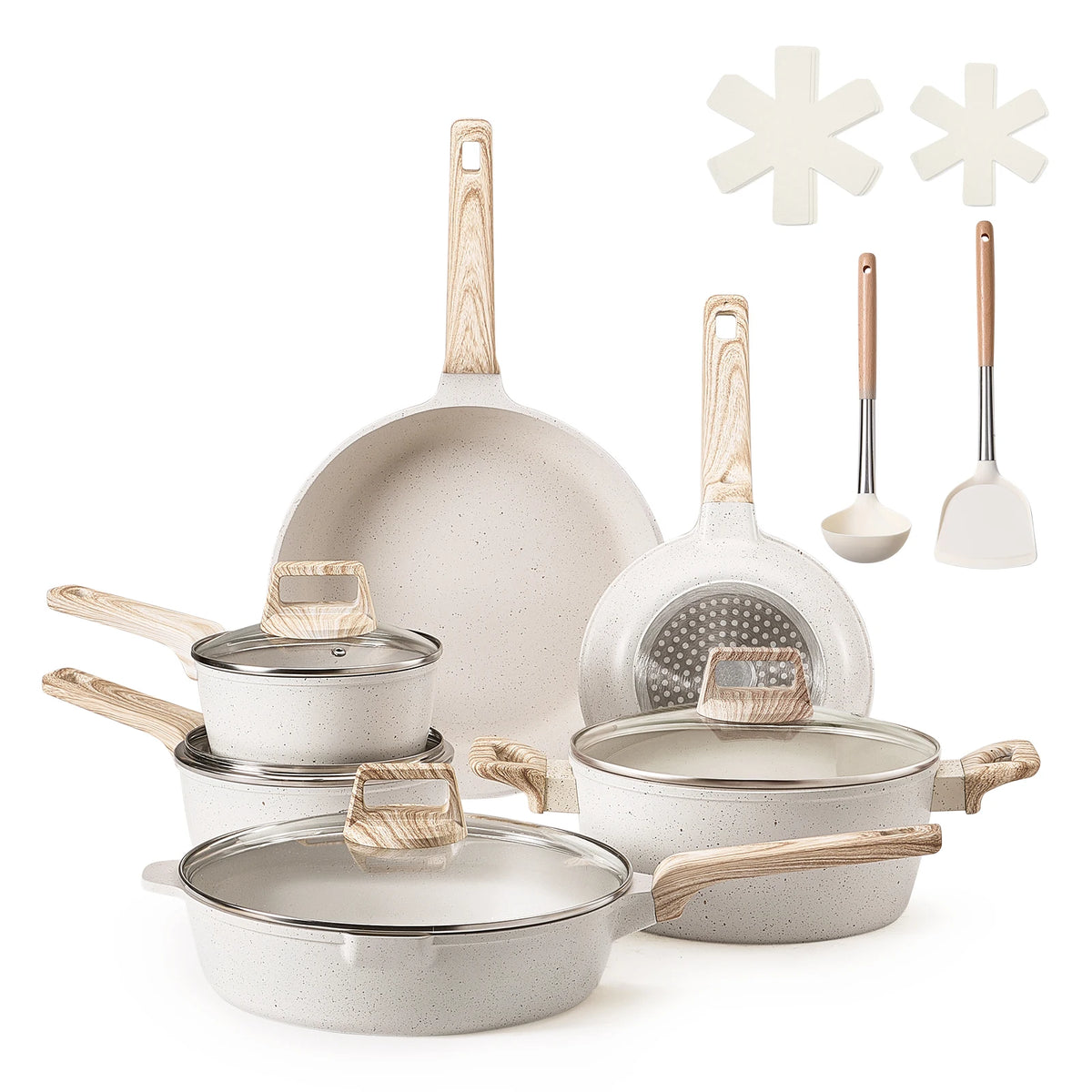SucceBuy 17 Piece Pots and Pans Set Granite Nonstick Cookware Set Induction Cookwares Kitchen RV Cooking Sets with Pan Protector