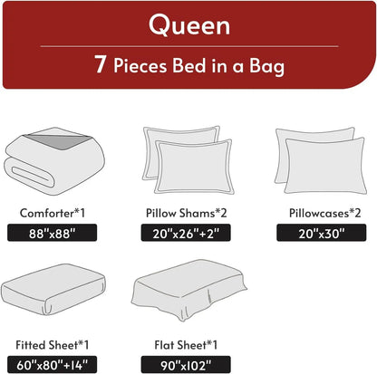 Queen Size Reversible Comforter Set, 7-Piece All Season Bedding with Sheets &amp; Pillowcases in Red &amp; Black