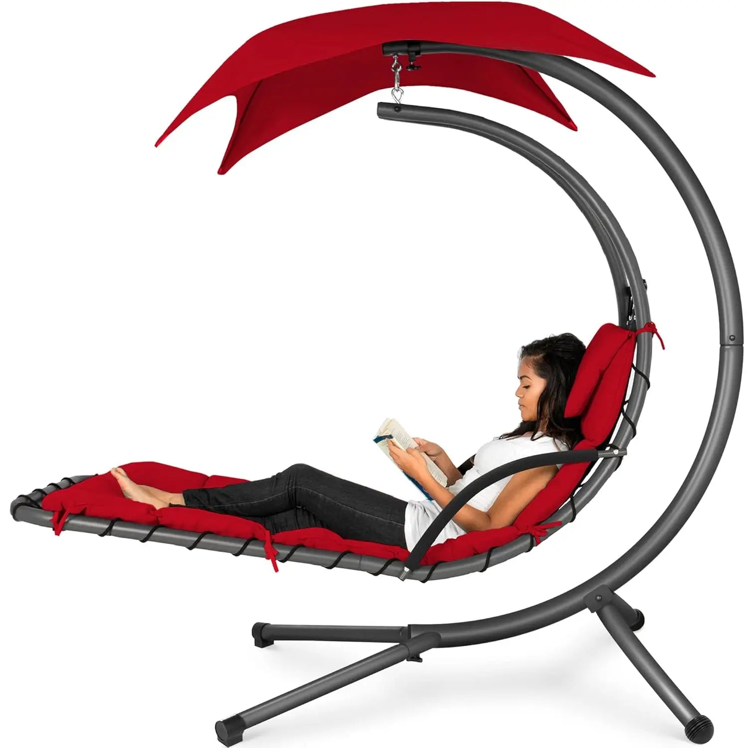Outdoor Hanging Curved Steel Chaise Lounge Chair Swing w/Built-in Pillow and Removable Canopy - Peacock Blue, Customized