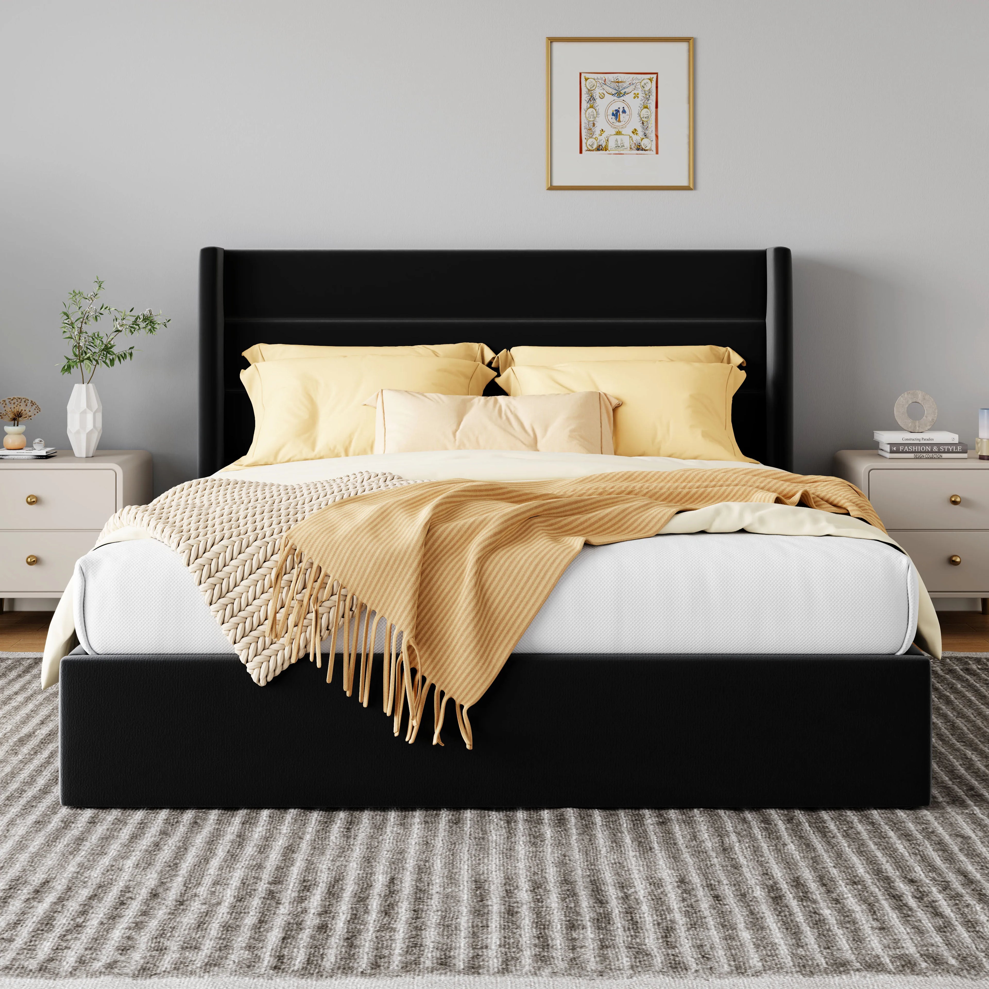 HOOMIC Lift Up Storage Bed With Wingback Headboard Hydraulic Lift