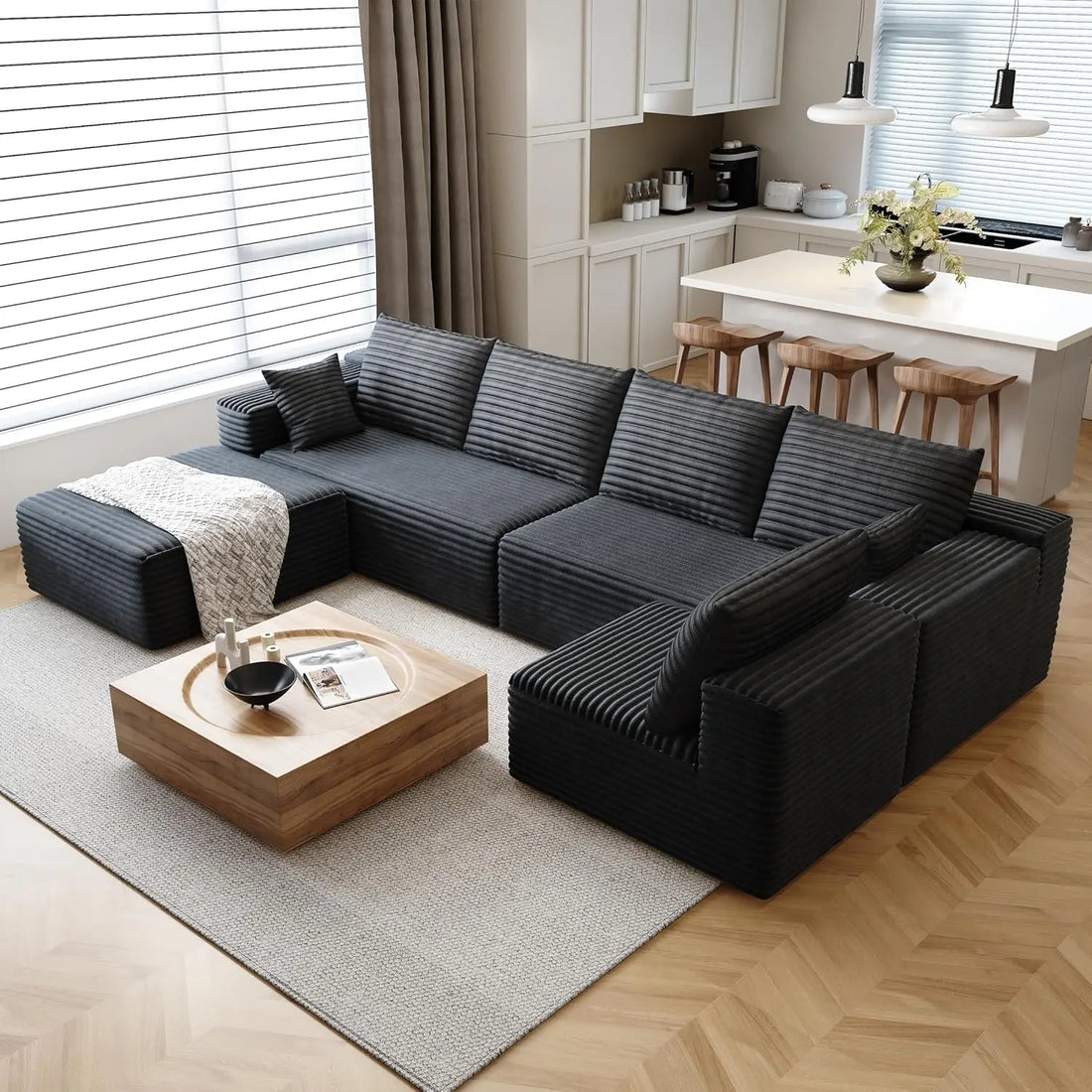 Cloud-style sectional sofa, with corduroy cover, fluffy memory foam cushions, easily assembled, modular recliner, large sofa set