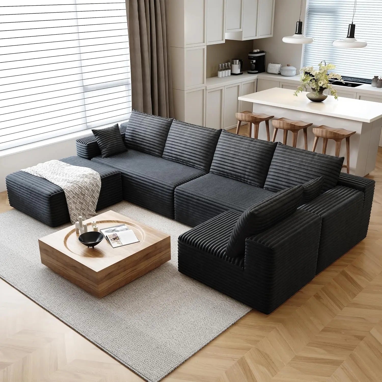 Cloud-style sectional sofa, with corduroy cover, fluffy memory foam cushions, easily assembled, modular recliner, large sofa set