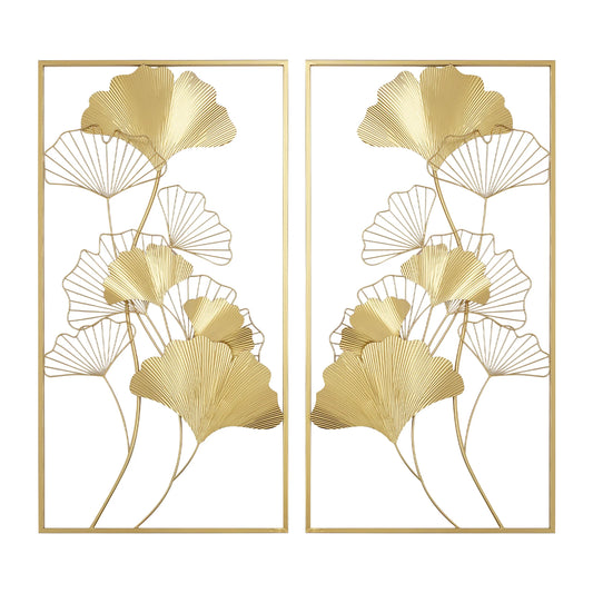 2Pcs Ginkgo Leaf Wall Decor Iron Wall Art Hanging Ornament Gold Metal Art Wall Sculpture with Frame for Living Room Home Office
