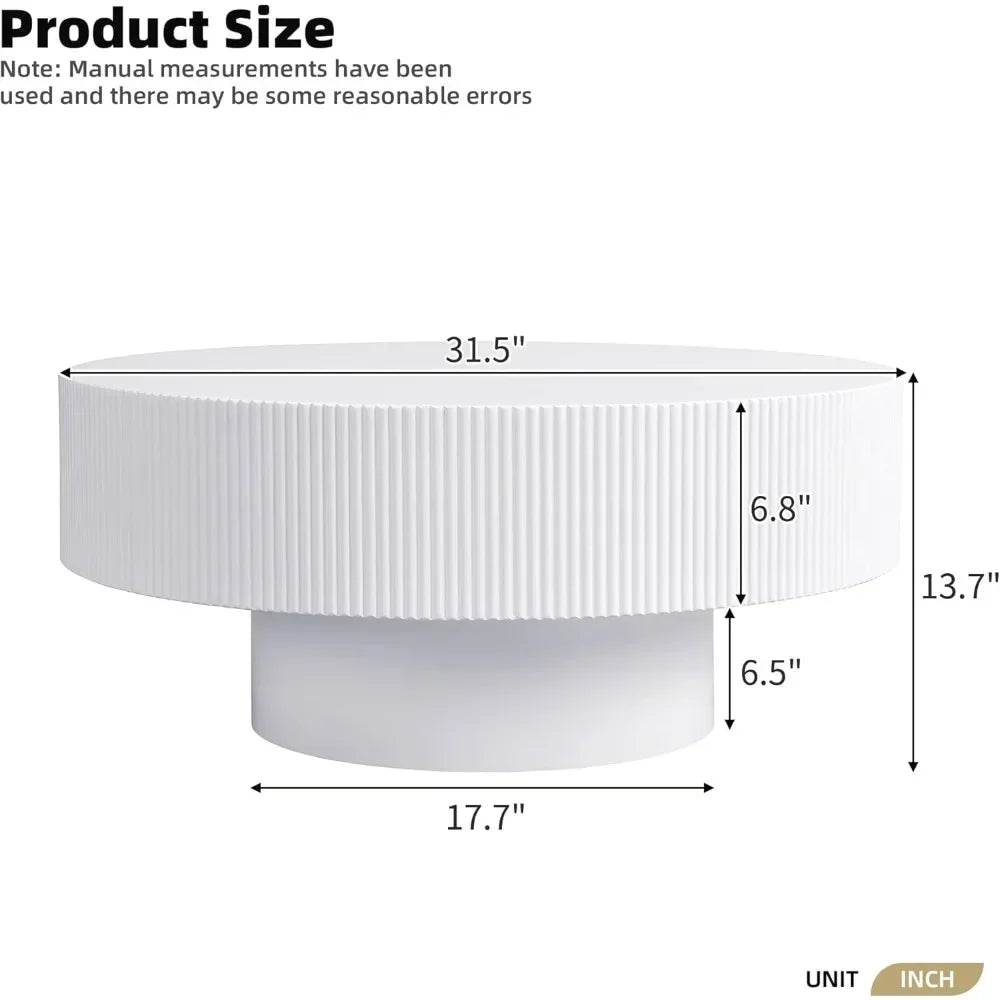 BestsellerRound Coffee Table for Living Room, Modern Wood Drum Center Table, Minimalist Fluted End Table with Sturdy Base, White