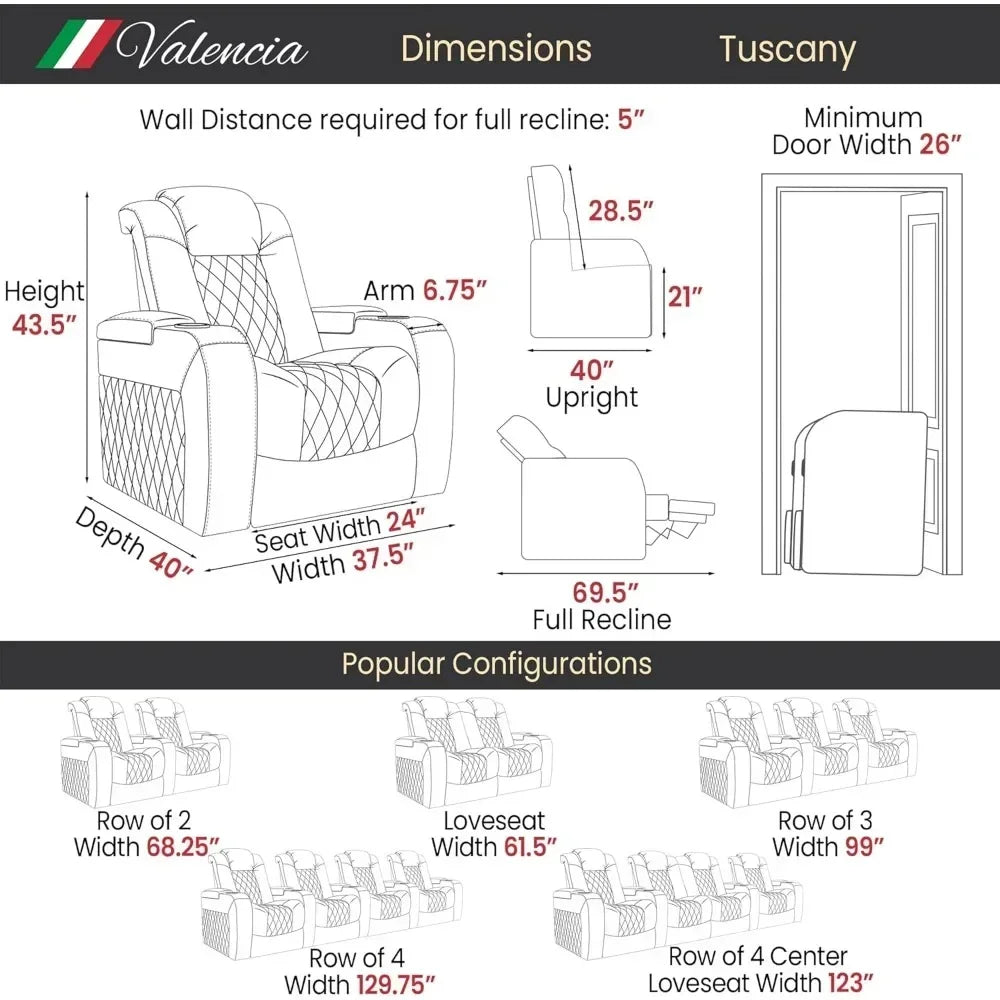 Hot salesValencia Tuscany Home Theater Seating | Premium Top Grain Italian Nappa 11000 Leather Power Recliner Chair with Lumbar