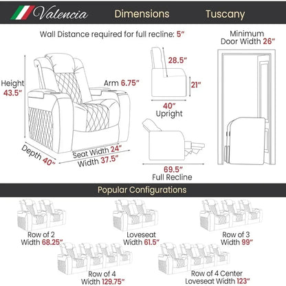 Hot salesValencia Tuscany Home Theater Seating | Premium Top Grain Italian Nappa 11000 Leather Power Recliner Chair with Lumbar