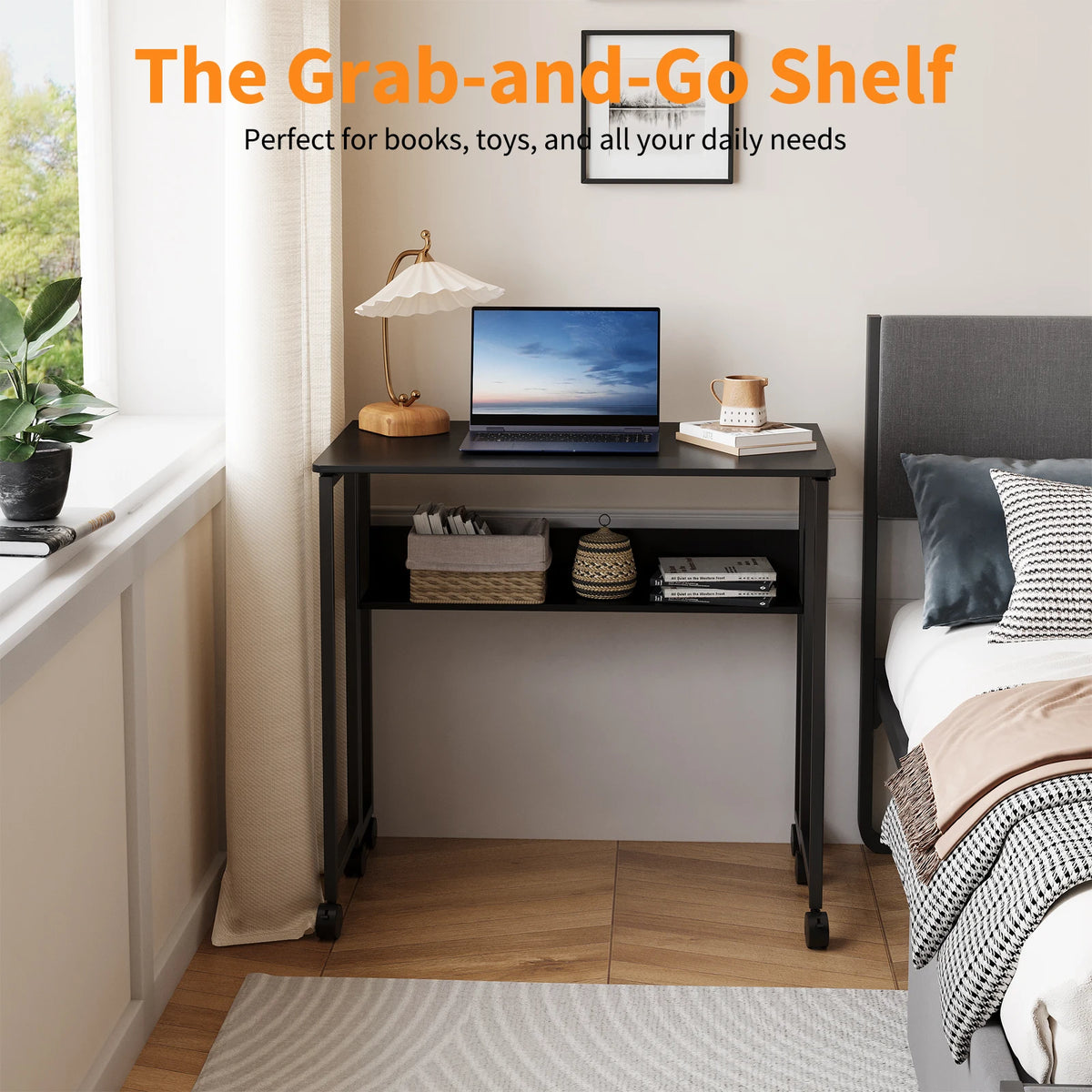 HOSSLLY Folding Computer Desk With Wheels And Storage Shelf