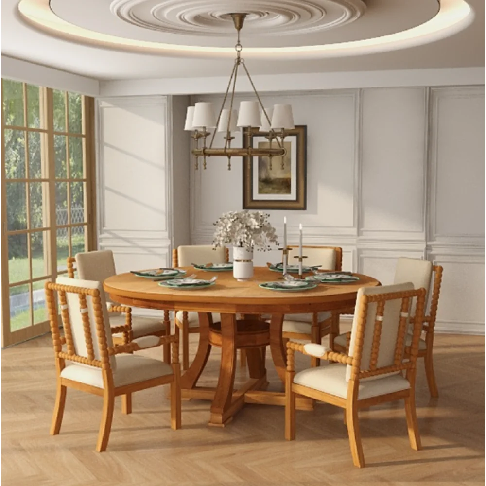 5 Piece Round Extendable Solid Wood Dining Table Set, 4 Rattan Back Chairs With Upholstered Seats, Modern Farmhouse Kitchen Dinner Furniture For Dining Room Kitchen Apartment