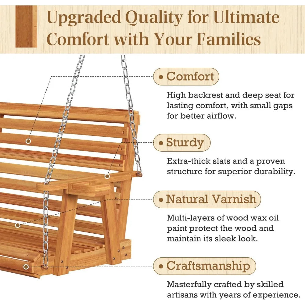 Wooden Porch Swing with Cup Holders and Chains, 880 lbs Capacity Outdoor Swing Chair Bench for Courtyard and Patio