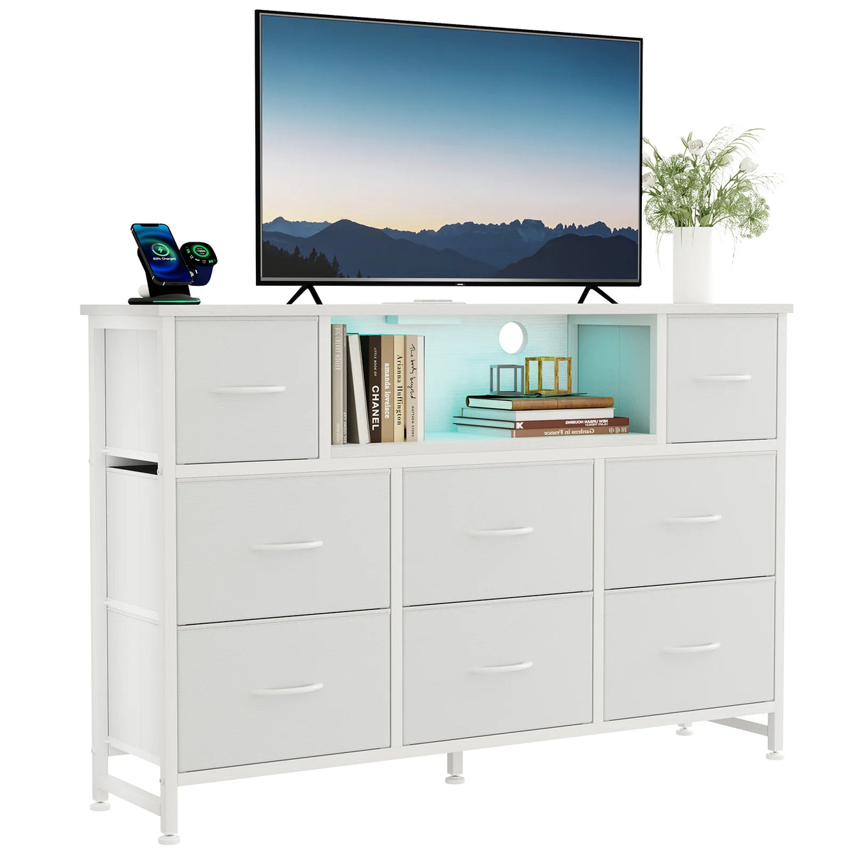 JHK LED TV Stand with Fabric Drawers and Charging Station