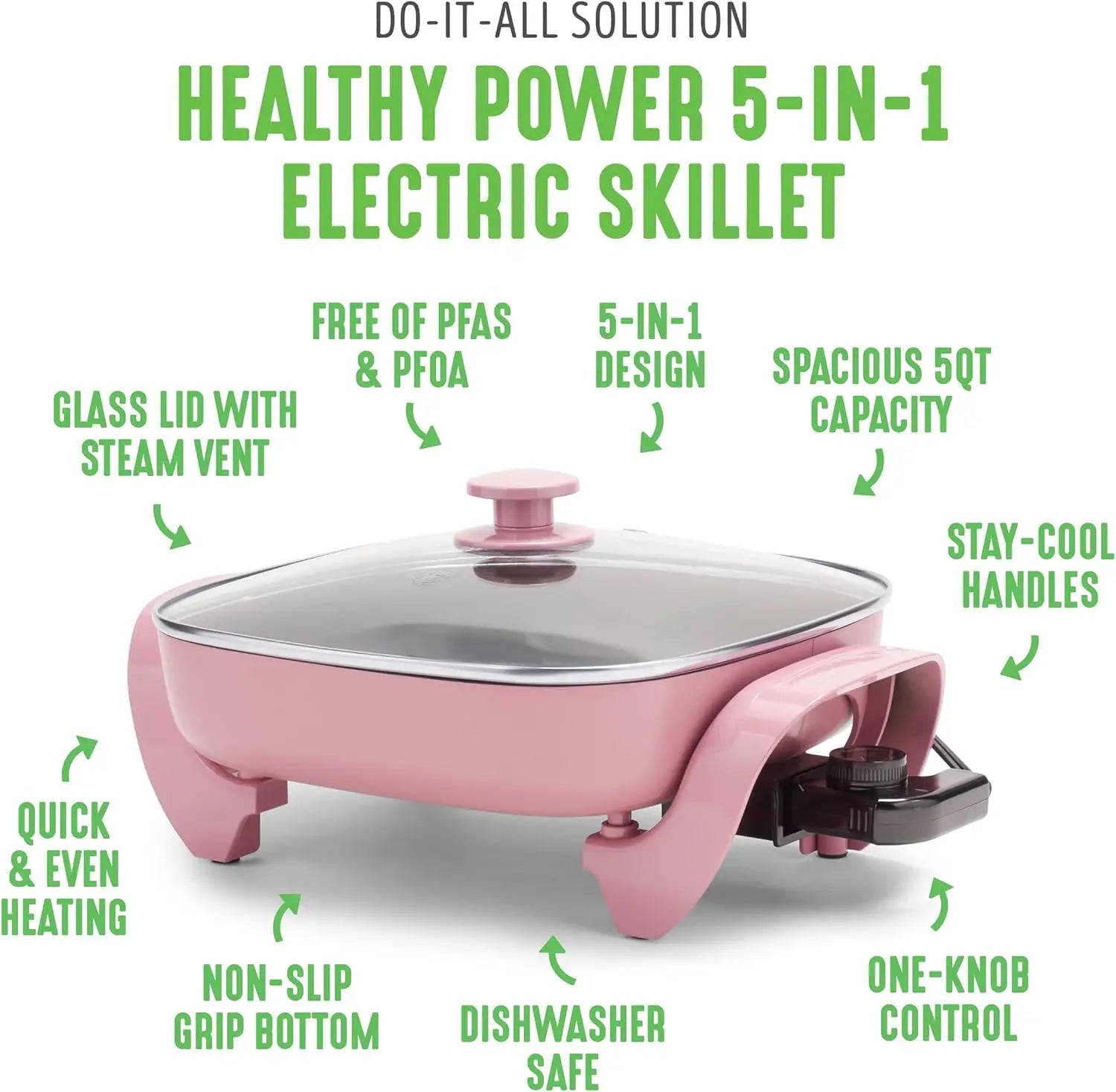GreenLife 12" Square Electric Skillet with Glass Lid, Ceramic Nonstick, Adjustable Temp, Cool Handles, Pink