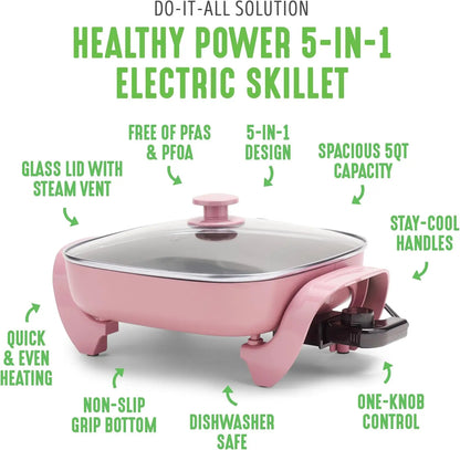 GreenLife 12" Square Electric Skillet with Glass Lid, Ceramic Nonstick, Adjustable Temp, Cool Handles, Pink