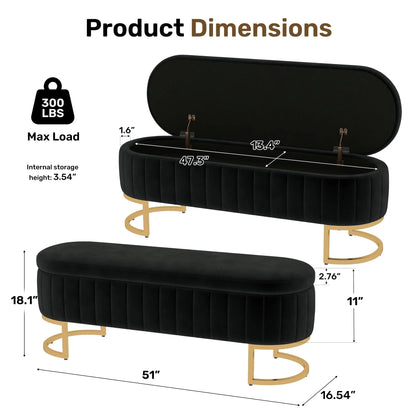 51in Velvet Tufted Storage Ottoman Bench with Flip-Top Lid and Gold Metal Legs
