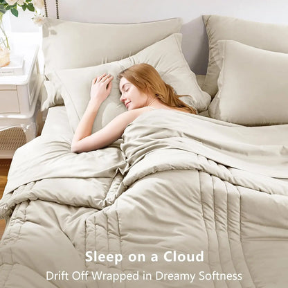 Queen Size Comforter Set - 7 Piece All Seasons Luxury Bedding with Down Alternative, Soft Sheets &amp; Pillowcases
