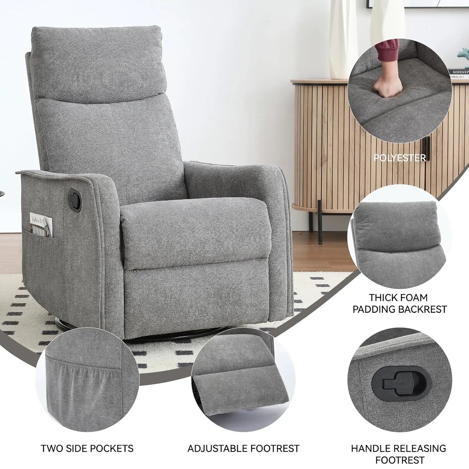 Heat Massage Manual Recliner Chair with Rocker &amp; 360° Swivel, Fabric Upholstered Reclining Armchair with Lumbar, Customized