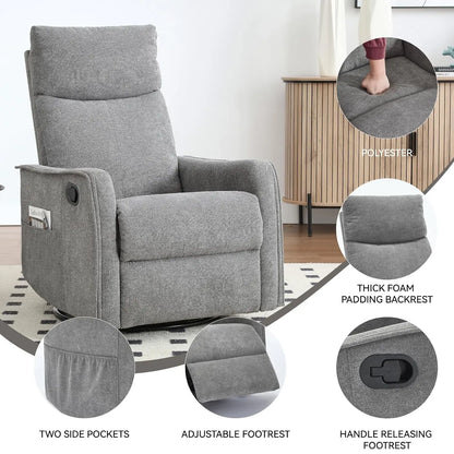 Heat Massage Manual Recliner Chair with Rocker &amp; 360° Swivel, Fabric Upholstered Reclining Armchair with Lumbar, Customized