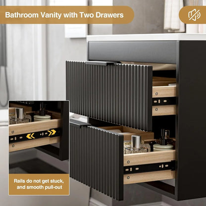 24" Modern Floating Bathroom Vanity with Sink, Double Drawers, Black Handles - White Resin Combo Set