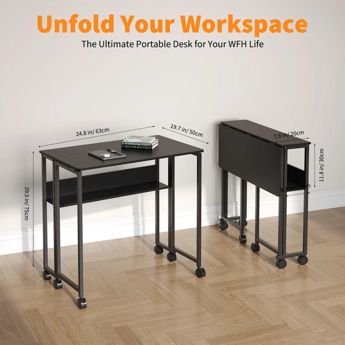 HOSSLLY Folding Computer Desk With Wheels And Storage Shelf