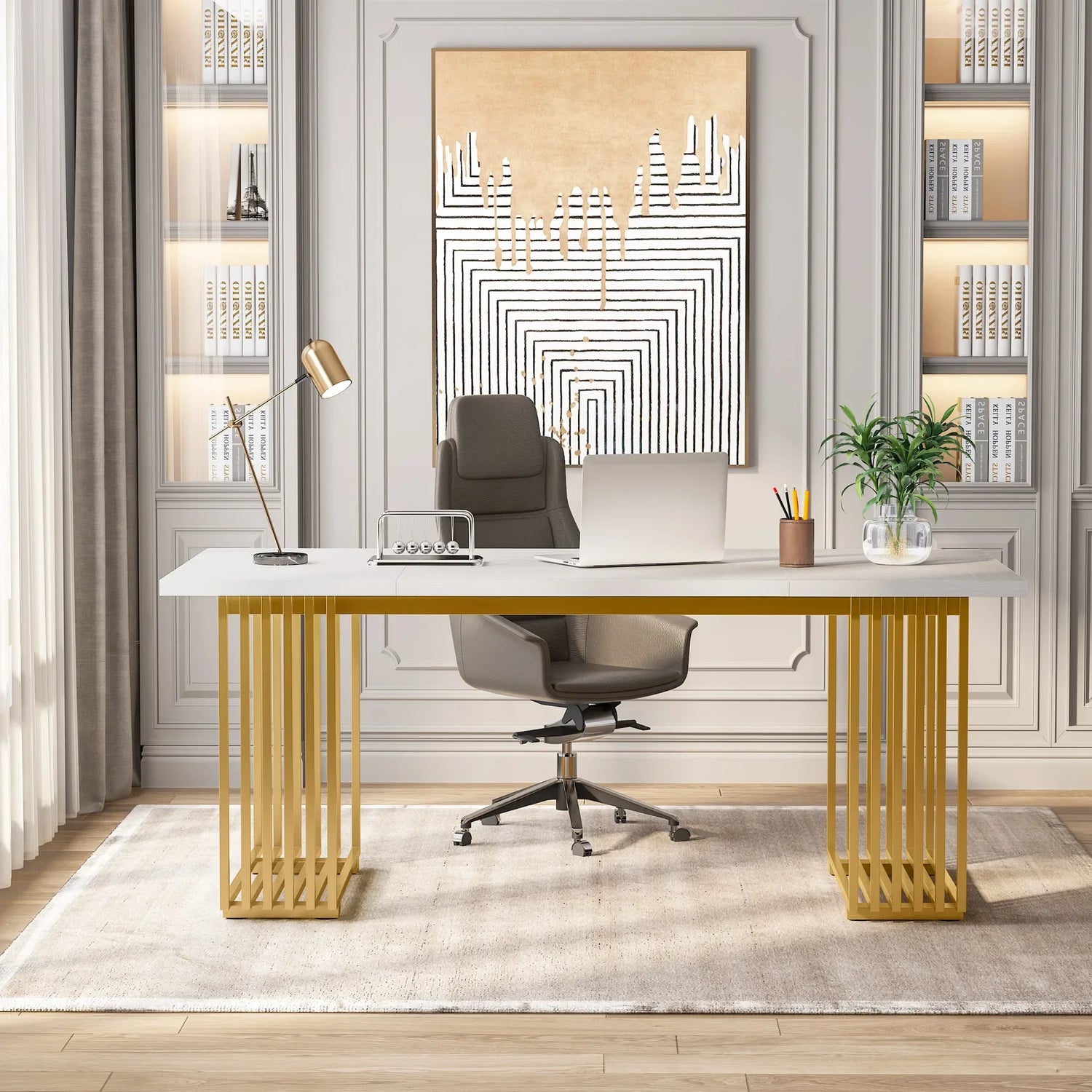 Tribesigns Modern Office Desk, 70.9" Wooden Computer Desk,Executive Desk with Gold Metal Legs, Large Workstation Home Office