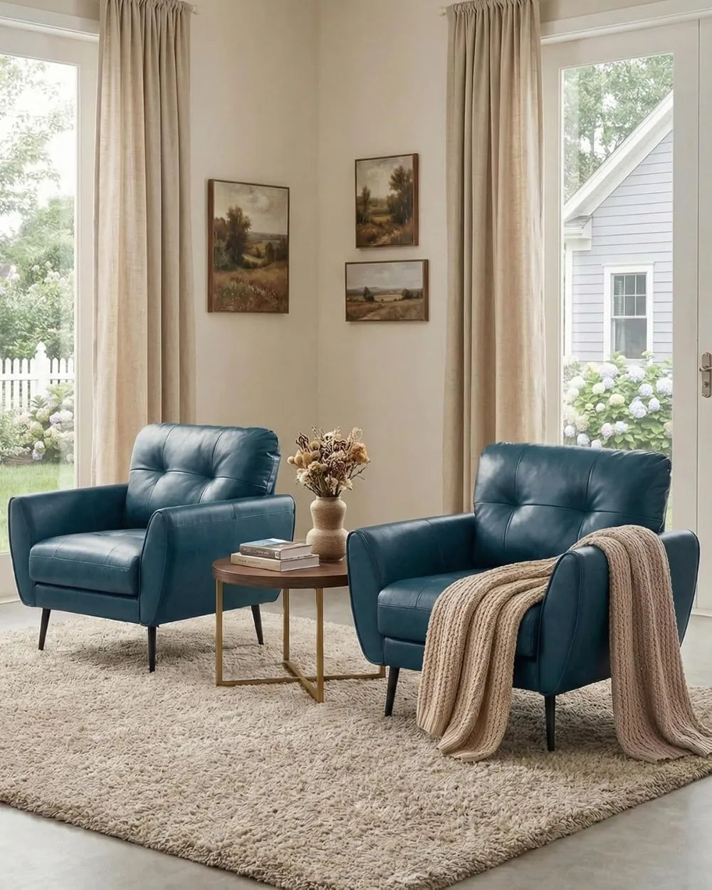 Accent Chairs Set of 2, Comfy Modern Living Room Blue Faux Leather Tufted Mid Century Arm Chair for Office Bedroom