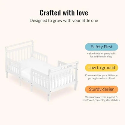 3-in-1 Convertible Toddler Bed in White, Low-to-Floor Design with Safety Rails, Baby Safety Alliance Certified