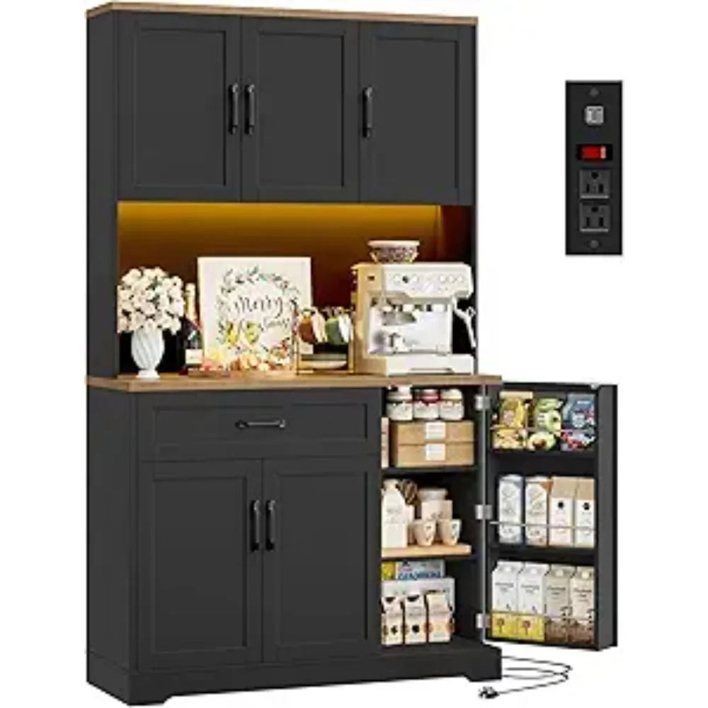 71" LED Pantry Cabinet with Power Outlet, Tall Kitchen Hutch Storage Cabinet with Microwave Stand &amp; 6 Door Shelves,, Customized