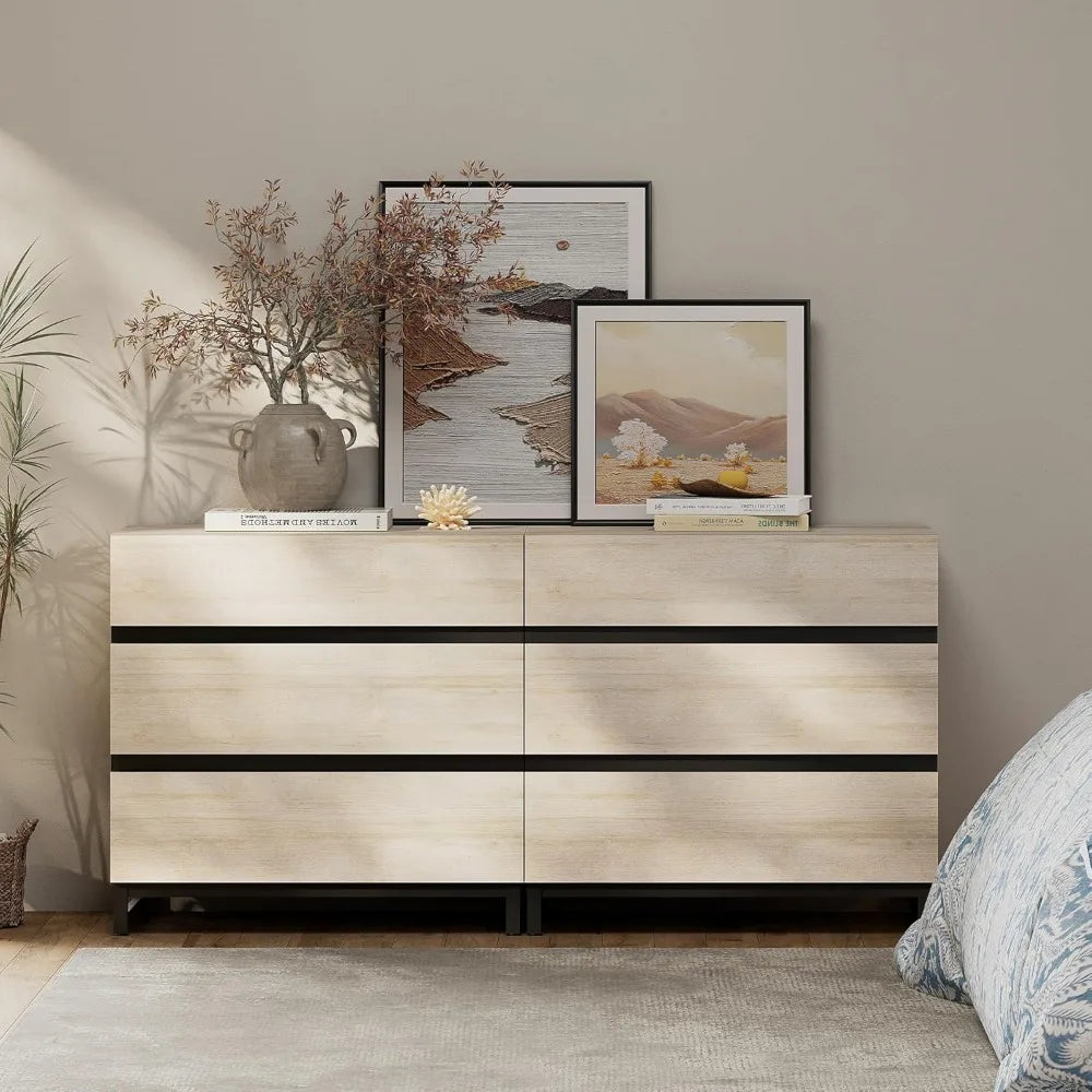 Dresser and Nightstand Set of 3, 63 Inches Dresser with 6 Drawers, 2 Nightstand with Drawer and Cabinet for Bedroom, Bedroom Fu