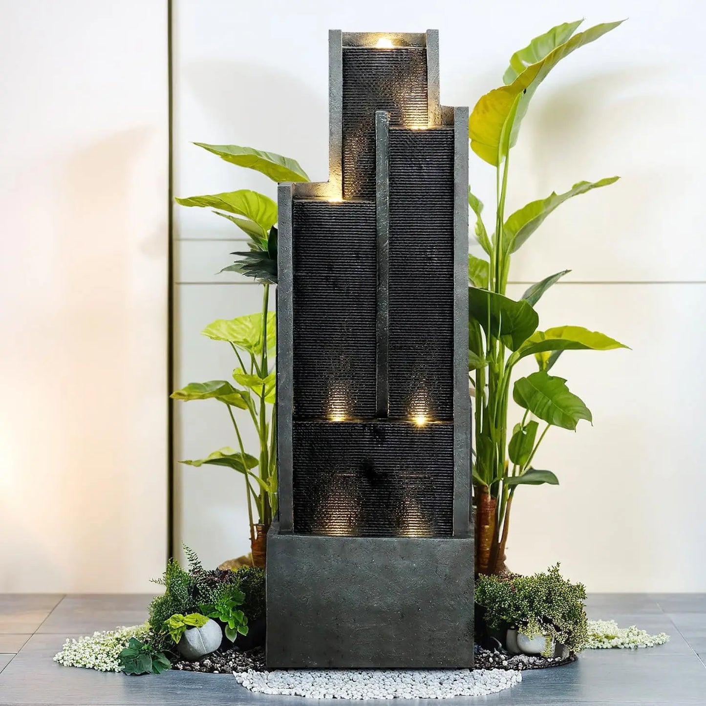 5-Tier Modern Water Fountain, Indoor/Outdoor Resin Water Fountains with Soothing Water Sounds & WarmLED Light
