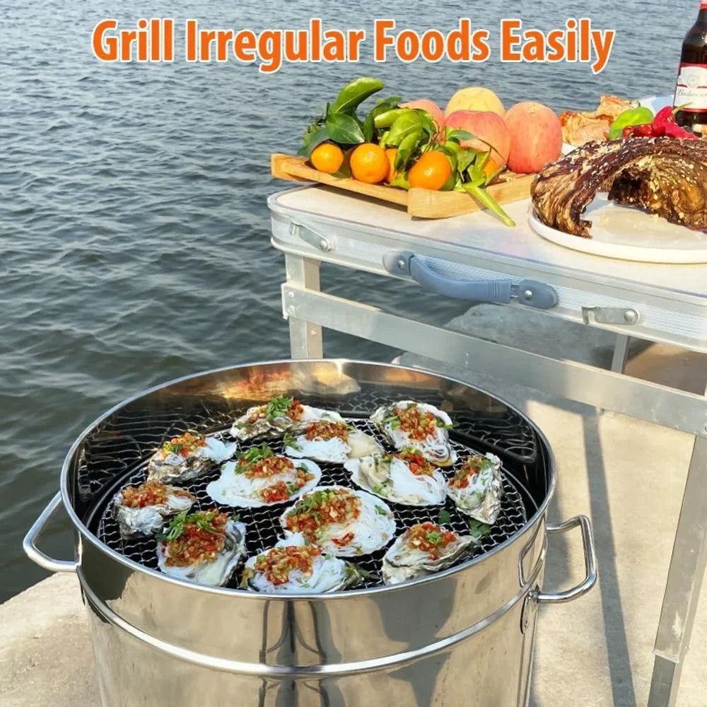 Large Portable Smokeless Charcoal Grill - 360° Stainless Steel BBQ Barrel with 50 Skewers, for Camping,Picnics&Backyard Cooking